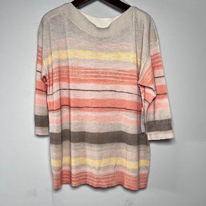 Chico's Size 3 Watercolor Stripe Ribbed Boat Neck Sweater Top Passion Orange NEW